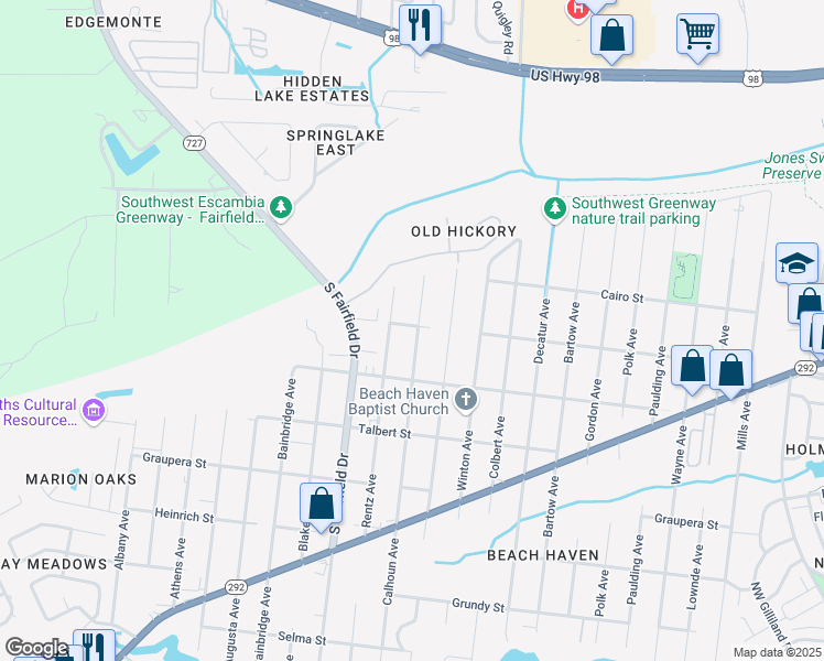 map of restaurants, bars, coffee shops, grocery stores, and more near 909 Calhoun Avenue in Pensacola