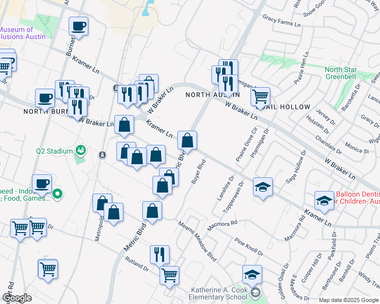 map of restaurants, bars, coffee shops, grocery stores, and more near 2007 Kramer Lane in Austin