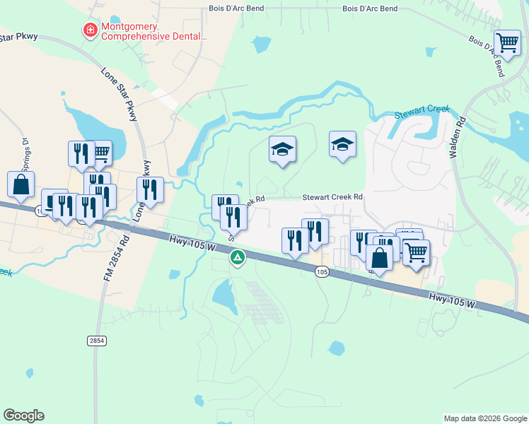 map of restaurants, bars, coffee shops, grocery stores, and more near 18729 Stewart Hill Drive in Montgomery