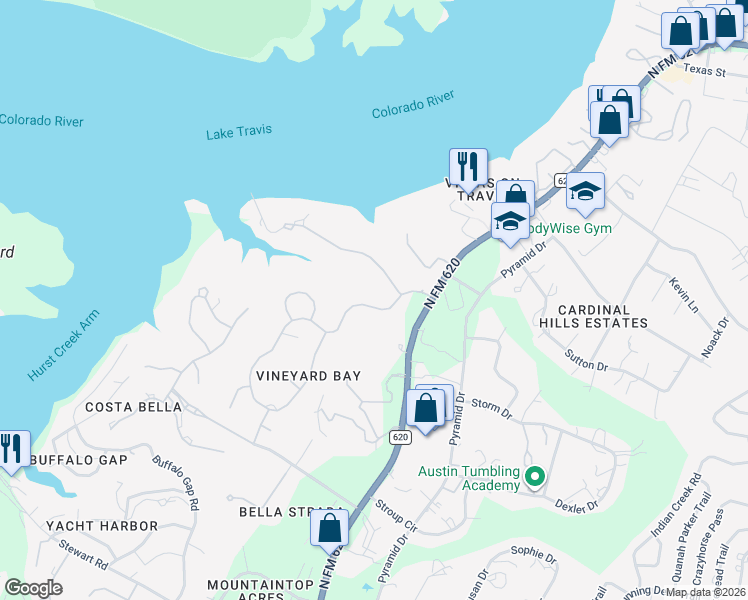 map of restaurants, bars, coffee shops, grocery stores, and more near 15812 Fontaine Avenue in Austin
