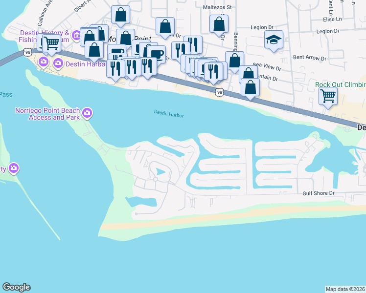 map of restaurants, bars, coffee shops, grocery stores, and more near 211 Durango Road in Destin
