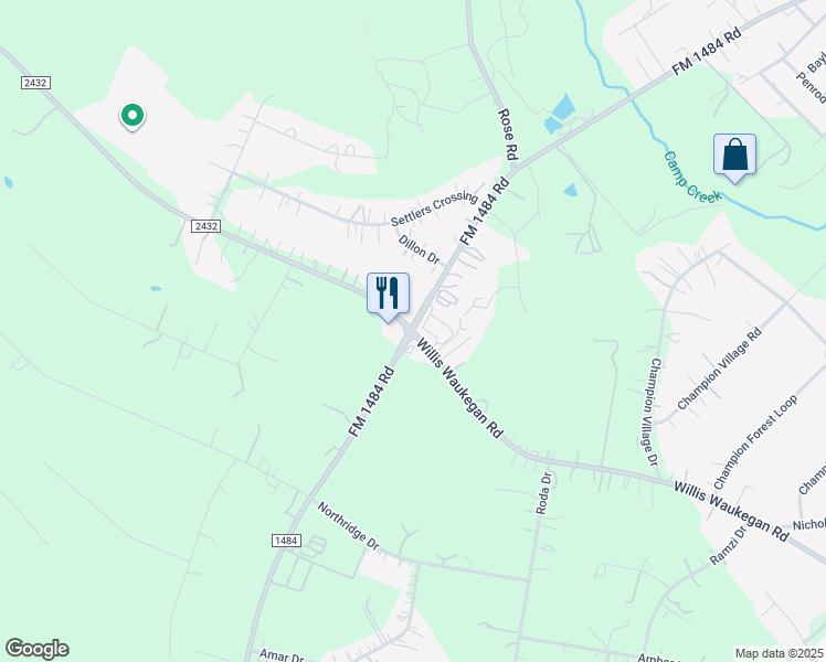 map of restaurants, bars, coffee shops, grocery stores, and more near 6565 Willis Waukegan Road in Conroe