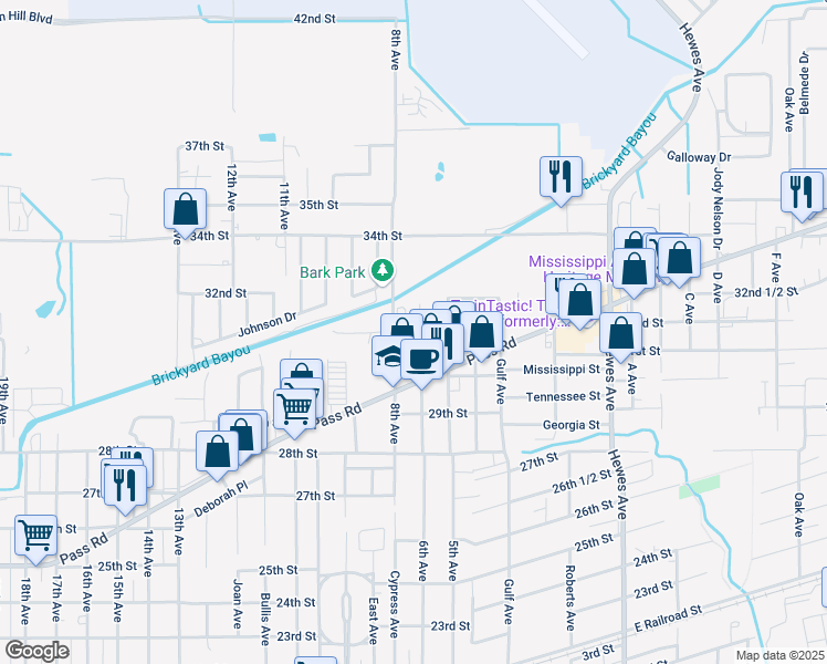 map of restaurants, bars, coffee shops, grocery stores, and more near 1002 31st Street in Gulfport