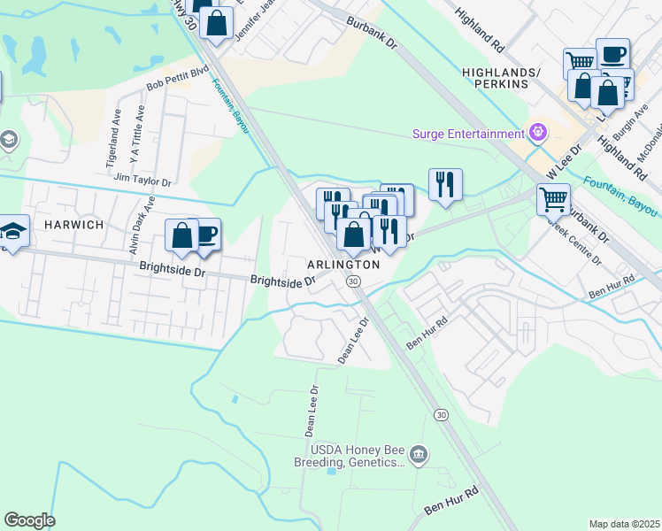 map of restaurants, bars, coffee shops, grocery stores, and more near 1362 Brightside Drive in Baton Rouge