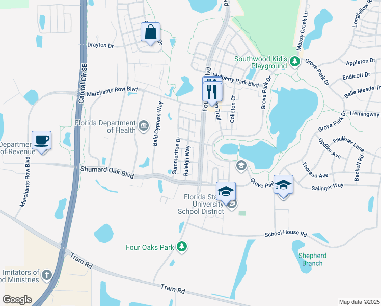 map of restaurants, bars, coffee shops, grocery stores, and more near 4240 Raleigh Way in Tallahassee