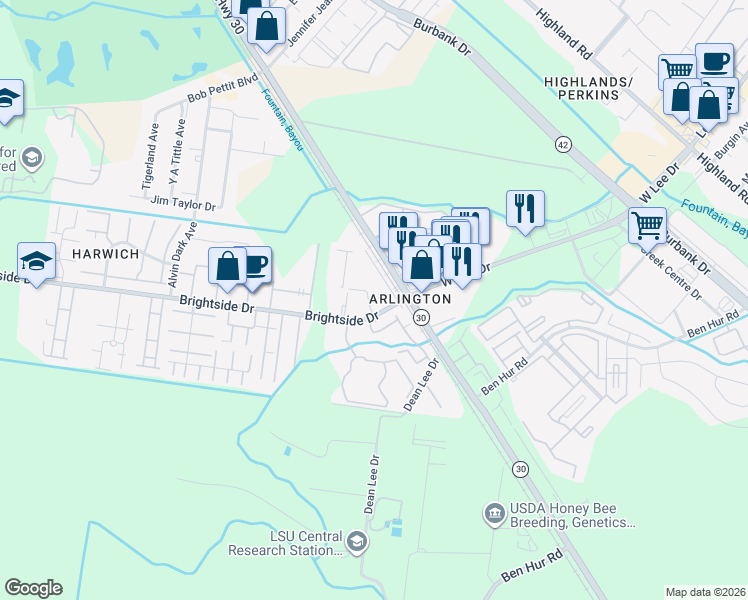 map of restaurants, bars, coffee shops, grocery stores, and more near 5212 Oleson Street in Baton Rouge