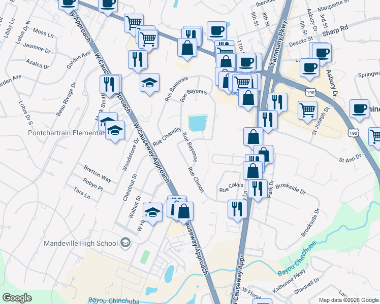map of restaurants, bars, coffee shops, grocery stores, and more near 1151 Rue Chinon in Mandeville