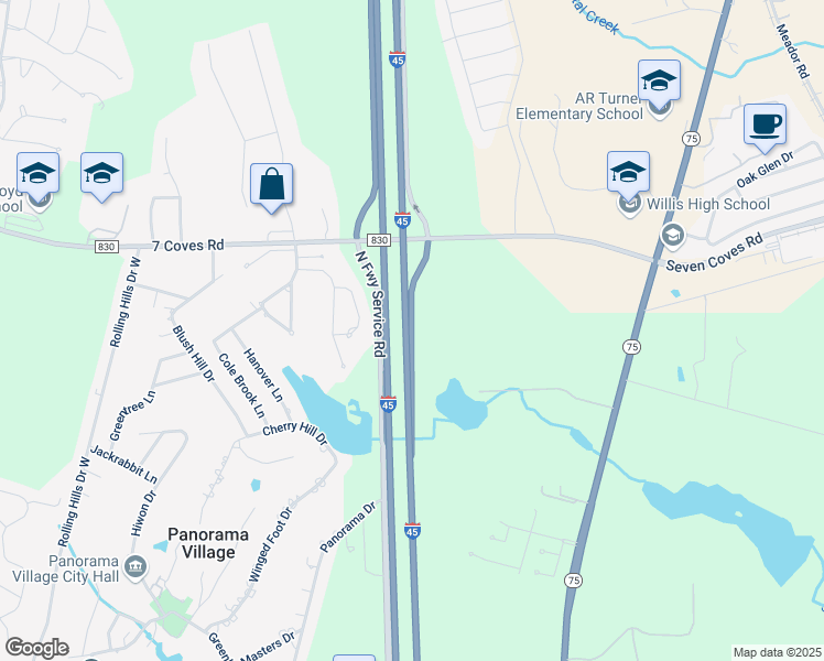 map of restaurants, bars, coffee shops, grocery stores, and more near Farm to Market Road 830 in Conroe