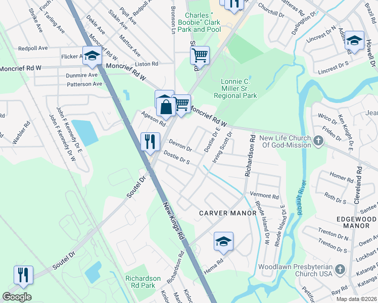 map of restaurants, bars, coffee shops, grocery stores, and more near 5304 Devron Drive in Jacksonville