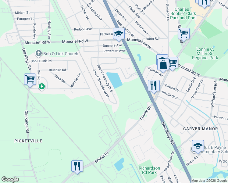 map of restaurants, bars, coffee shops, grocery stores, and more near 7451 John F Kennedy Drive East in Jacksonville
