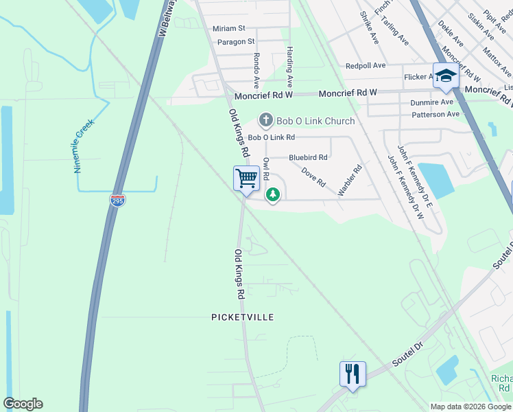 map of restaurants, bars, coffee shops, grocery stores, and more near 6535 Mockingbird Road in Jacksonville
