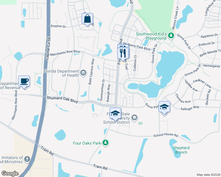 map of restaurants, bars, coffee shops, grocery stores, and more near 4240 Raleigh Way in Tallahassee