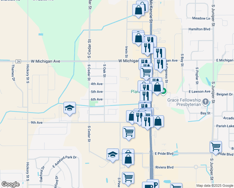 map of restaurants, bars, coffee shops, grocery stores, and more near 301-399 5th Ave in Foley