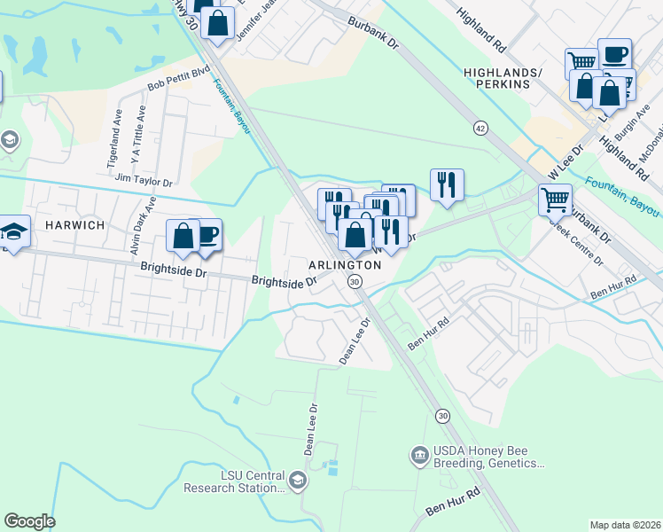 map of restaurants, bars, coffee shops, grocery stores, and more near 5212 Oleson Street in Baton Rouge
