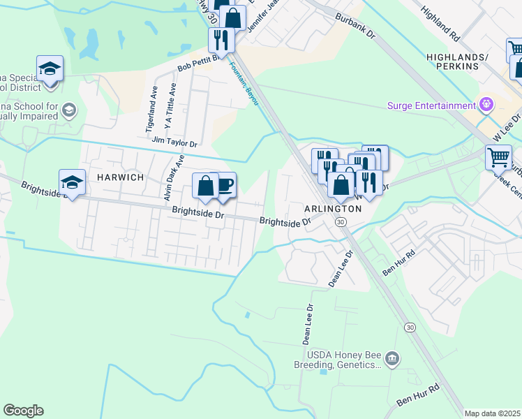 map of restaurants, bars, coffee shops, grocery stores, and more near 1670 Brightside Drive in Baton Rouge