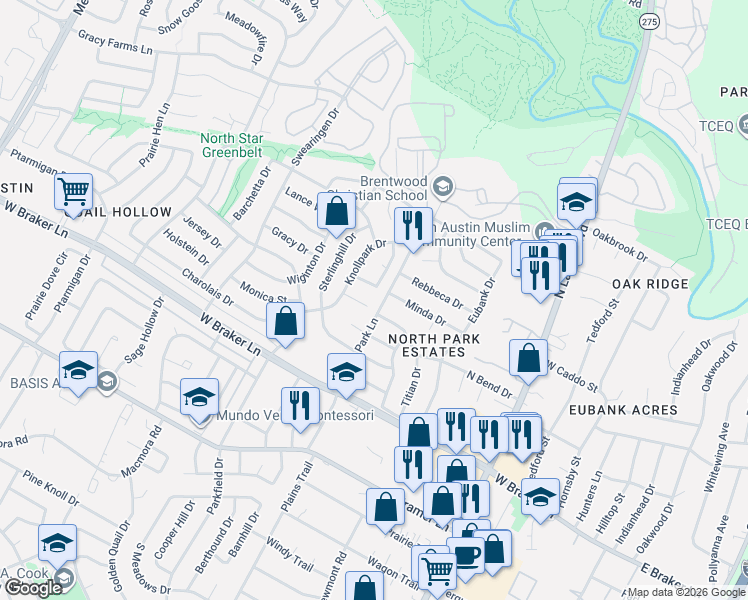 map of restaurants, bars, coffee shops, grocery stores, and more near 1208 Knollpark Circle in Austin