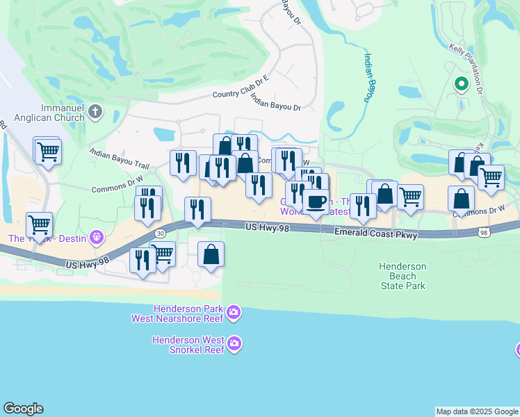 map of restaurants, bars, coffee shops, grocery stores, and more near 15015 Emerald Coast Parkway in Destin