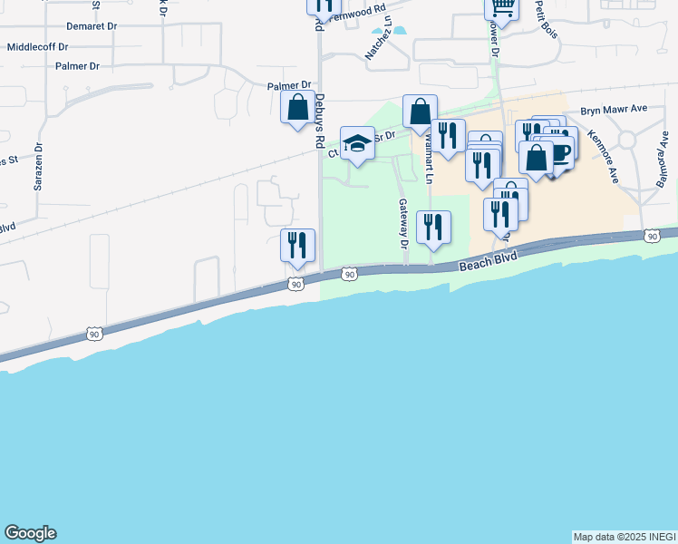 map of restaurants, bars, coffee shops, grocery stores, and more near 2790 U.S. 90 in Biloxi