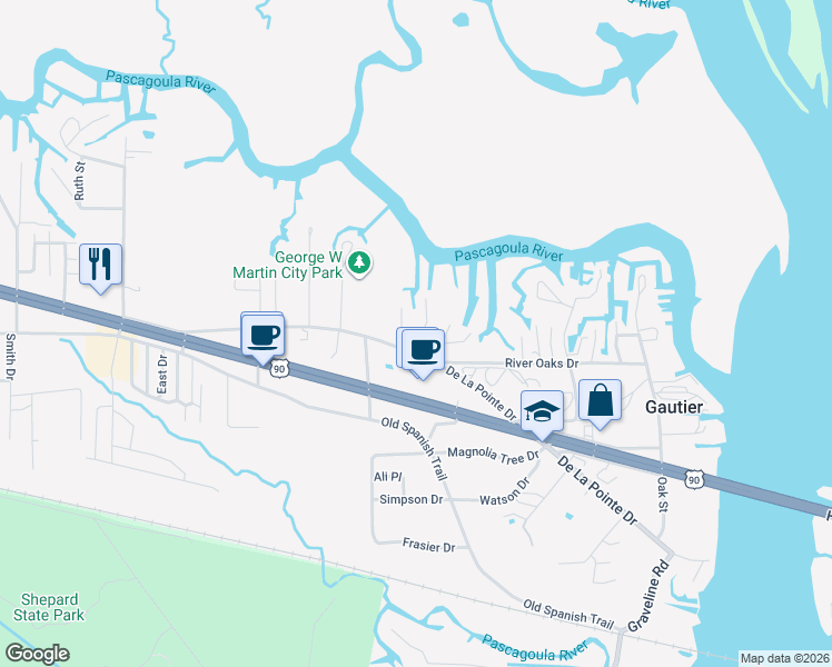 map of restaurants, bars, coffee shops, grocery stores, and more near 3209 Milstead Road in Gautier