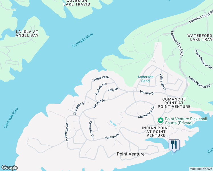 map of restaurants, bars, coffee shops, grocery stores, and more near 18908 Peckham Drive in Lago Vista
