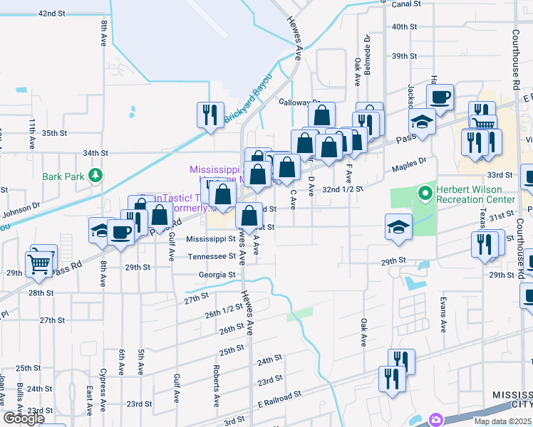 map of restaurants, bars, coffee shops, grocery stores, and more near 503 32nd Street in Gulfport