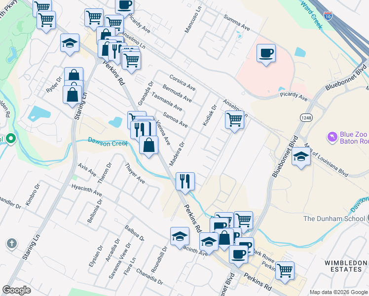 map of restaurants, bars, coffee shops, grocery stores, and more near 3120 Madeira Drive in Baton Rouge