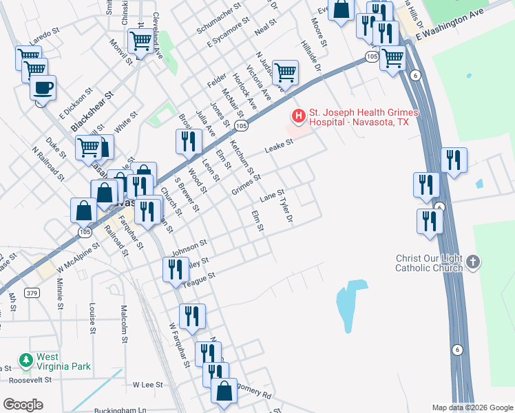 map of restaurants, bars, coffee shops, grocery stores, and more near 912 Lane Street in Navasota
