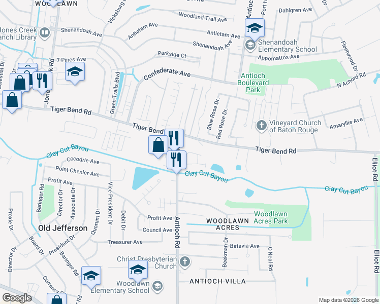 map of restaurants, bars, coffee shops, grocery stores, and more near 16007 Belle Brittany Avenue in Baton Rouge