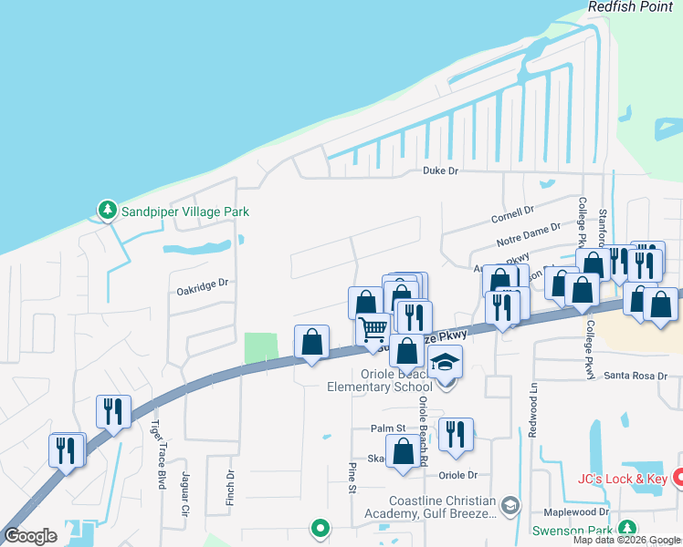 map of restaurants, bars, coffee shops, grocery stores, and more near 2994 Ranchette Square in Gulf Breeze