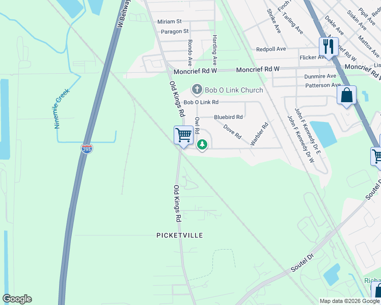 map of restaurants, bars, coffee shops, grocery stores, and more near 6535 Mockingbird Road in Jacksonville