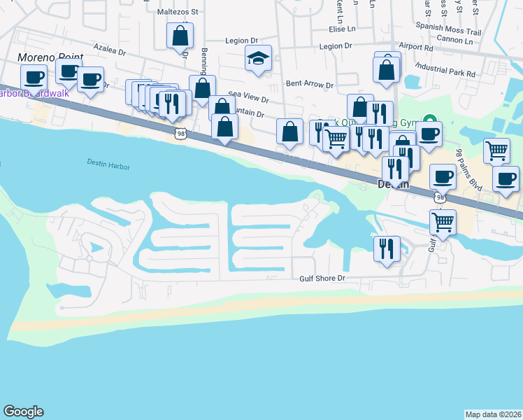 map of restaurants, bars, coffee shops, grocery stores, and more near 611 Lagoon Drive in Destin