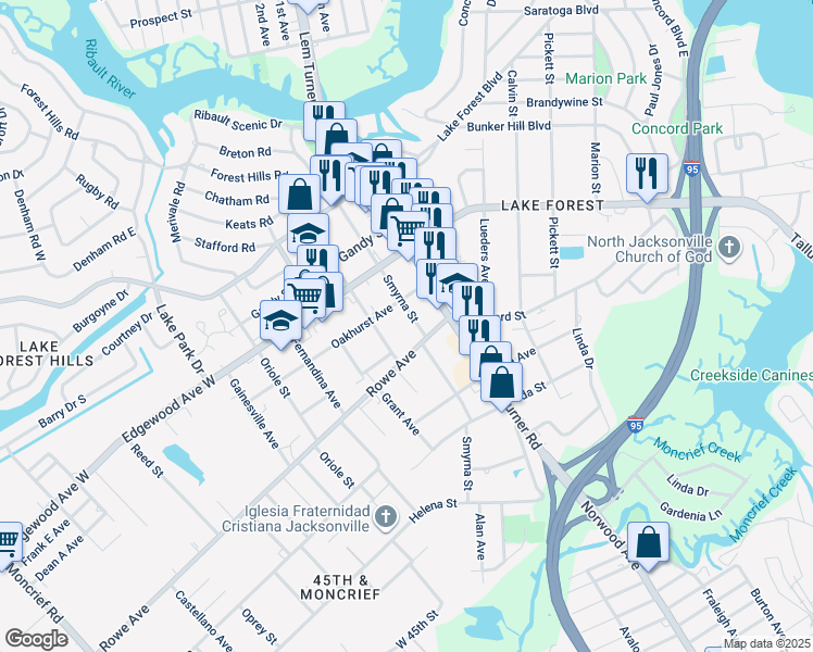 map of restaurants, bars, coffee shops, grocery stores, and more near 7626 Smyrna Street in Jacksonville