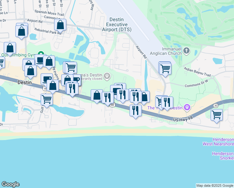 map of restaurants, bars, coffee shops, grocery stores, and more near 160 South Mattie M Kelly Boulevard in Destin