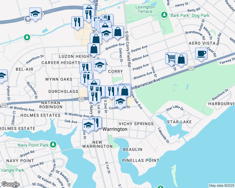 map of restaurants, bars, coffee shops, grocery stores, and more near Barrancas Ave & Manchester St in Warrington