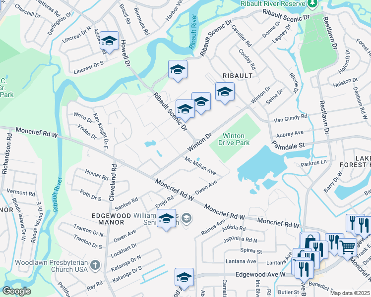 map of restaurants, bars, coffee shops, grocery stores, and more near 3827 Winton Drive in Jacksonville