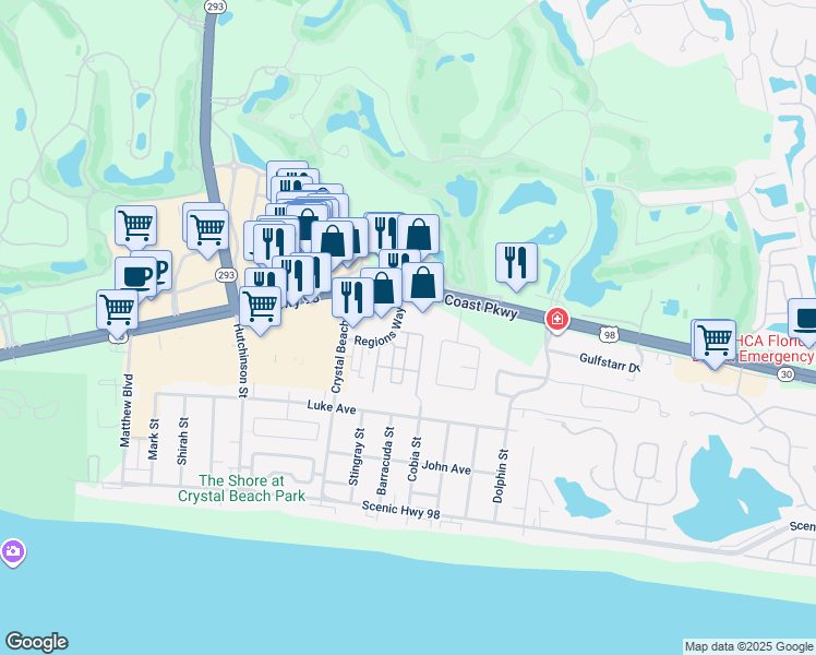 map of restaurants, bars, coffee shops, grocery stores, and more near 255 Kono Way in Destin
