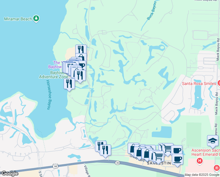 map of restaurants, bars, coffee shops, grocery stores, and more near 8584 Magnolia Bay Lane in Miramar Beach