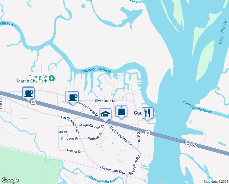 map of restaurants, bars, coffee shops, grocery stores, and more near 3212 Mary Walker Drive in Gautier