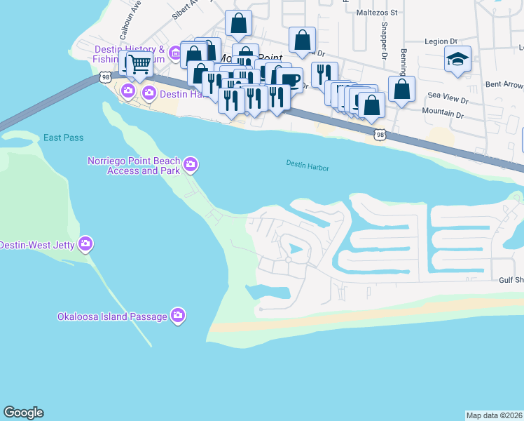 map of restaurants, bars, coffee shops, grocery stores, and more near 365 Gulf Shore Drive in Destin