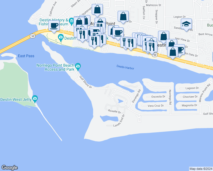 map of restaurants, bars, coffee shops, grocery stores, and more near 365 Gulf Shore Drive in Destin