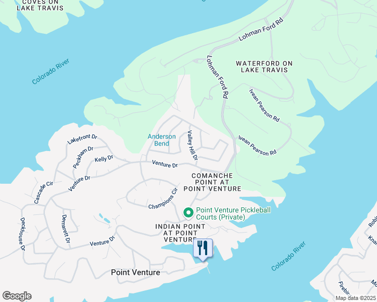 map of restaurants, bars, coffee shops, grocery stores, and more near 18515 Staghorn Drive in Lago Vista