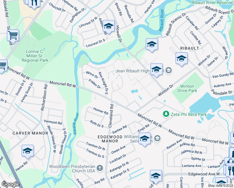 map of restaurants, bars, coffee shops, grocery stores, and more near 4229 Moncrief Road West in Jacksonville
