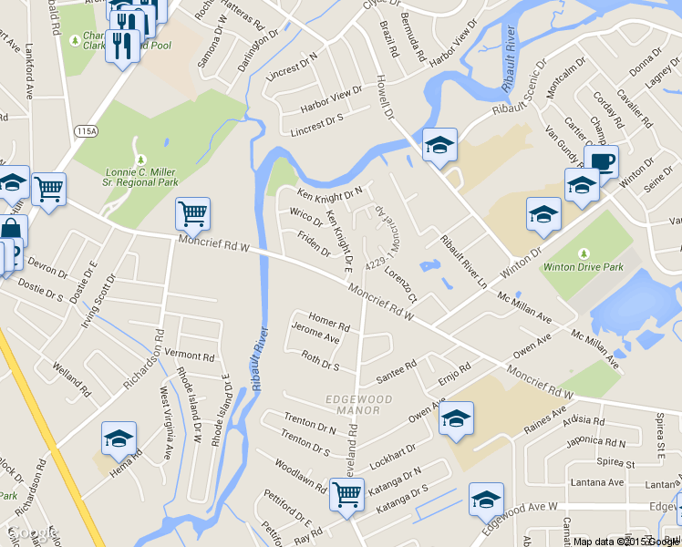 map of restaurants, bars, coffee shops, grocery stores, and more near 4433 Moncrief Road West in Jacksonville