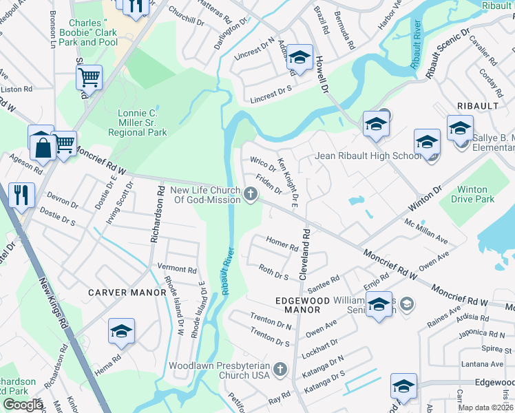 map of restaurants, bars, coffee shops, grocery stores, and more near 4526 Moncrief Road West in Jacksonville