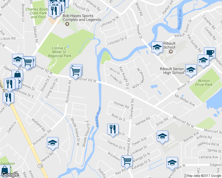 map of restaurants, bars, coffee shops, grocery stores, and more near 4526 Moncrief Road West in Jacksonville