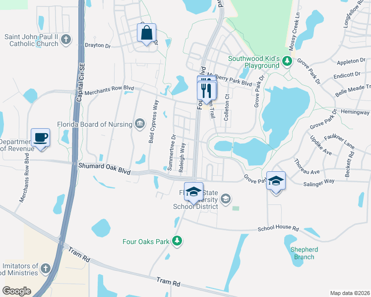 map of restaurants, bars, coffee shops, grocery stores, and more near 4240 Raleigh Way in Tallahassee