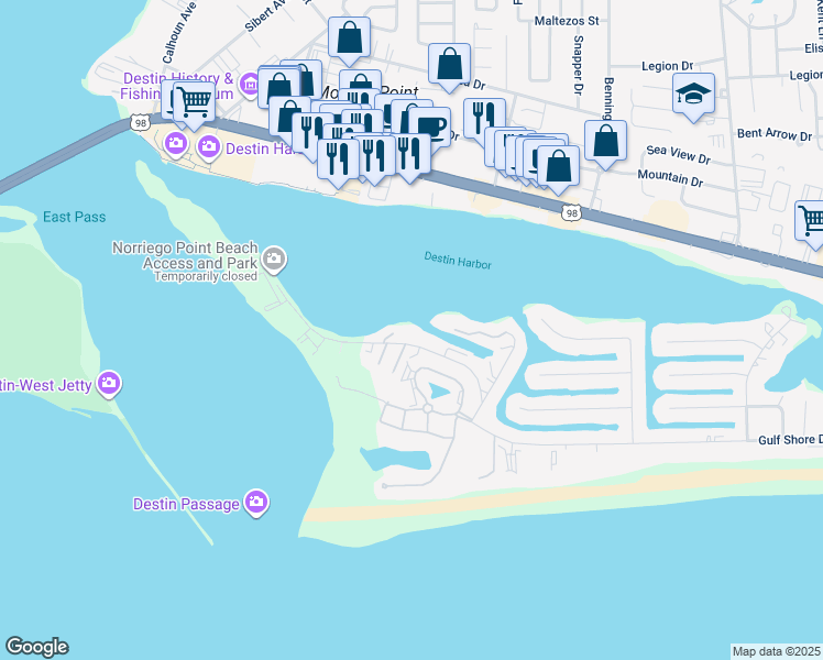 map of restaurants, bars, coffee shops, grocery stores, and more near 365 Gulf Shore Drive in Destin