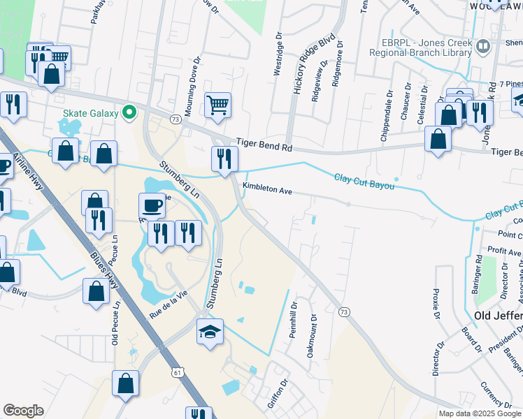 map of restaurants, bars, coffee shops, grocery stores, and more near 13434 Kimbleton Avenue in Baton Rouge