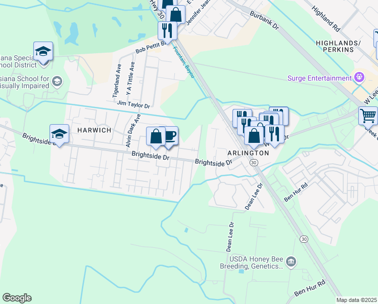 map of restaurants, bars, coffee shops, grocery stores, and more near 1710 Brightside Drive in Baton Rouge