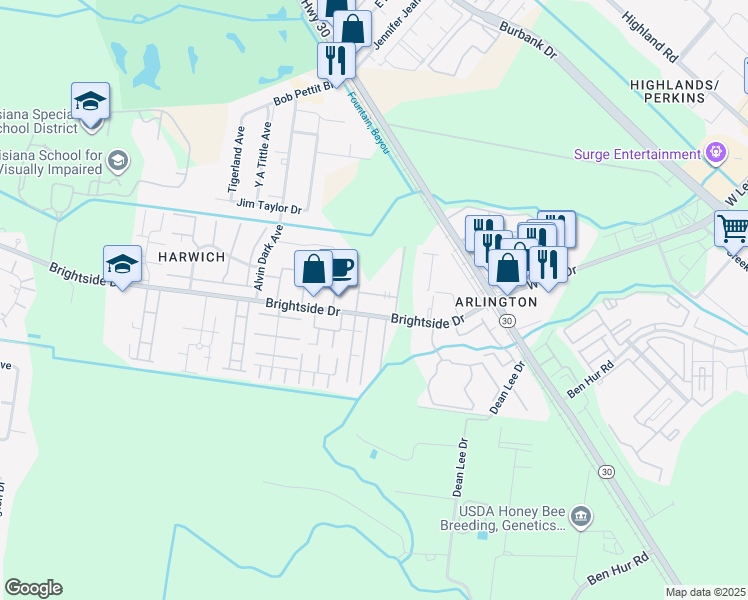 map of restaurants, bars, coffee shops, grocery stores, and more near 1710 Brightside Drive in Baton Rouge